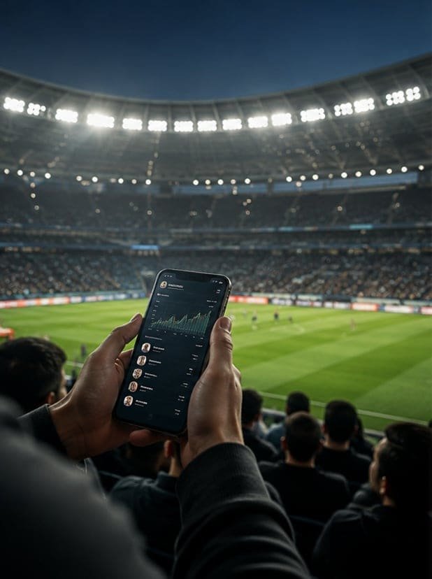 Following a match and stats on a phone at the stadium