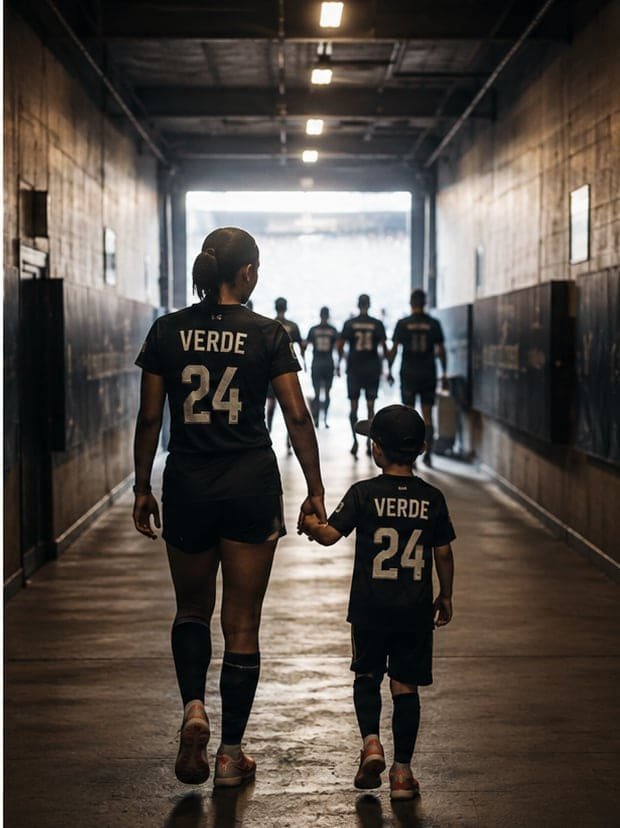 A Verde player and child walking through the tunnel